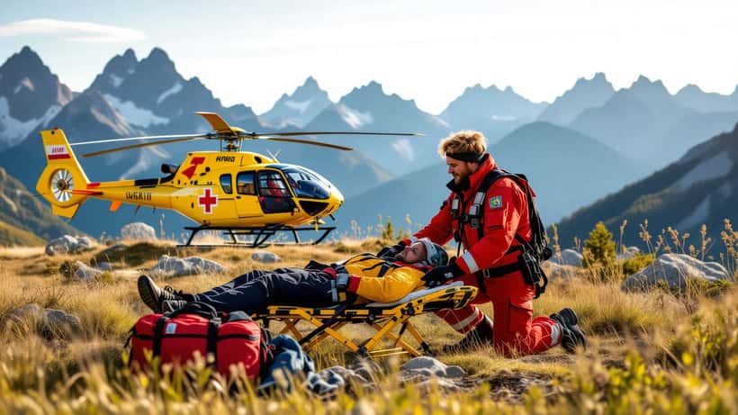 Rettungsparamedic hilft verletztem Wanderer neben Rettungshubschrauber auf Bergwiese in den Bayerischen Alpen