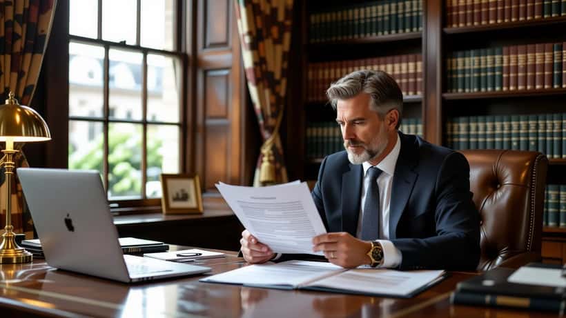 British solicitor reviewing US sanctions document and ICC court papers in a London law chambers