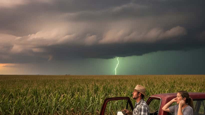Iowa summer heat wave and severe storm sky over cornfields, June 2026