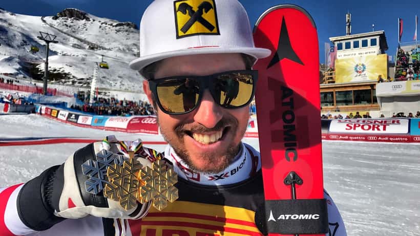 Marcel Hirscher beim Skifahren, österreichischer Skistar und achtfacher Weltcupsieger