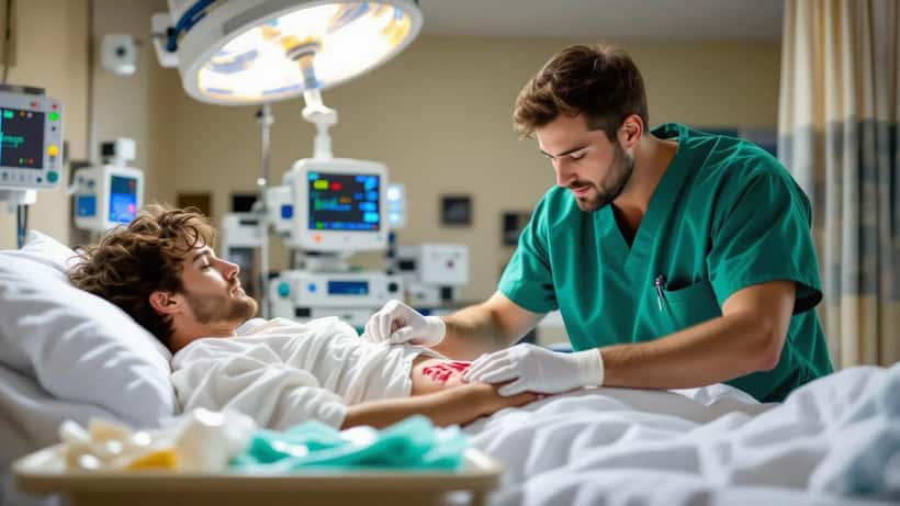 Emergency room nurse treating a fireworks burn wound on a patient's hand in an Iowa hospital