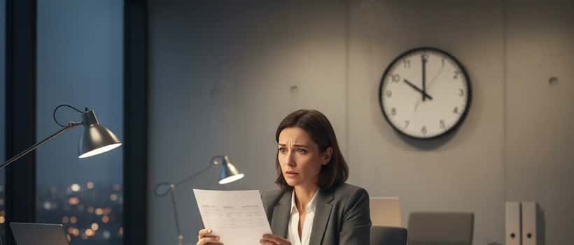 Salariée française consultant sa fiche de paie avec une horloge murale indiquant 2h du matin en arrière-plan