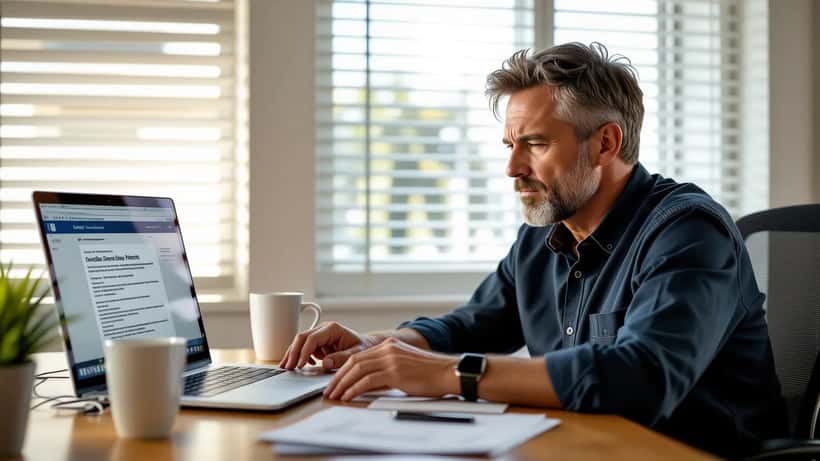 Australian man looking concerned at laptop showing suspicious government email alert in home office