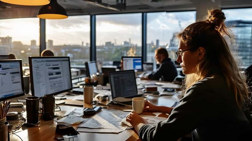 Stressed office worker surrounded by AI dashboards on multiple screens in a London open-plan office