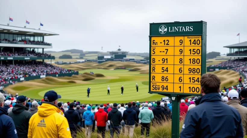 Traditional yellow manual golf leaderboard showing under-par scores at The Open Championship links course