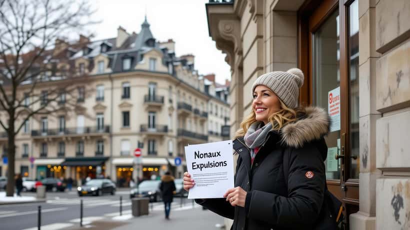Femme tenant un avis de résiliation de bail devant un immeuble résidentiel à Genève avec panneau de protestation contre les expulsions