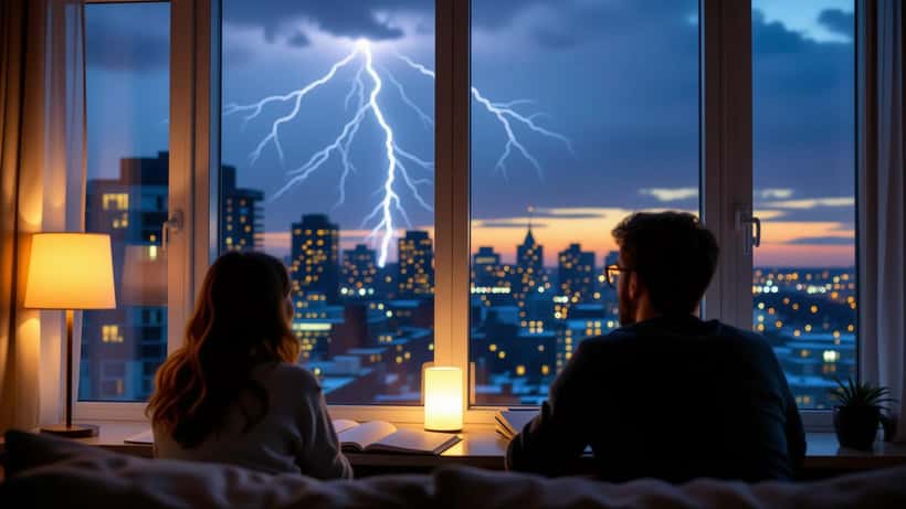 Student and parent watching a distant lightning storm from an indoor Ottawa window with a physics notebook on the sill