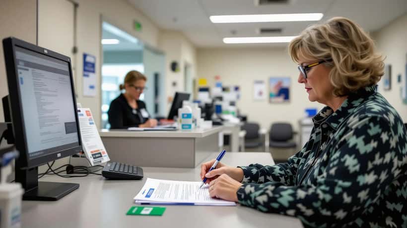 Australian patient signing a digital Medicare bulk-billing consent form on a clinic tablet at a GP reception desk