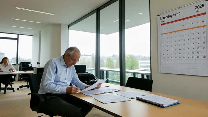 Arbeitnehmer prüft Arbeitsvertrag vor Pfingstfeiertag 2026 im Büro