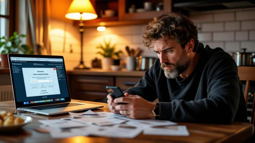 Uomo italiano con smartphone che mostra un conto di scommesse bloccato, con avviso ADM sullo schermo del laptop e documenti legali sul tavolo