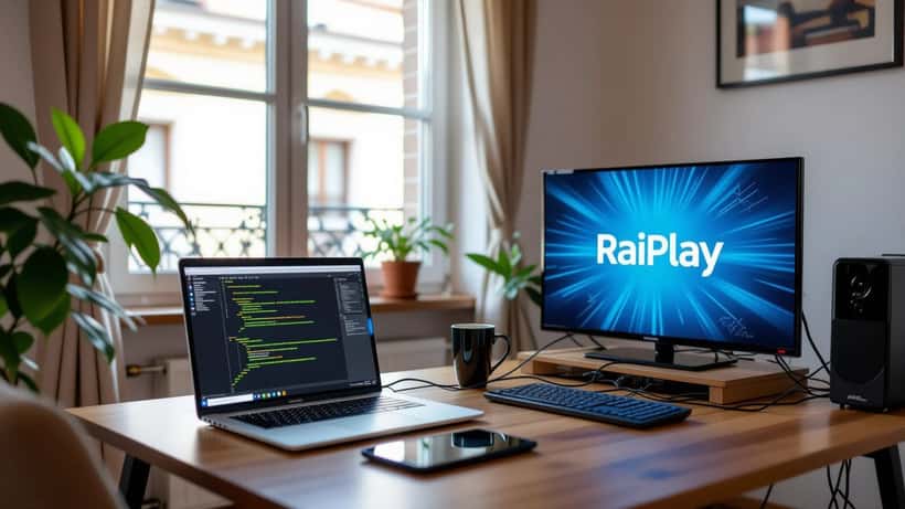 Tecnico informatico che esamina una Smart TV con problemi di streaming RaiPlay in un appartamento italiano