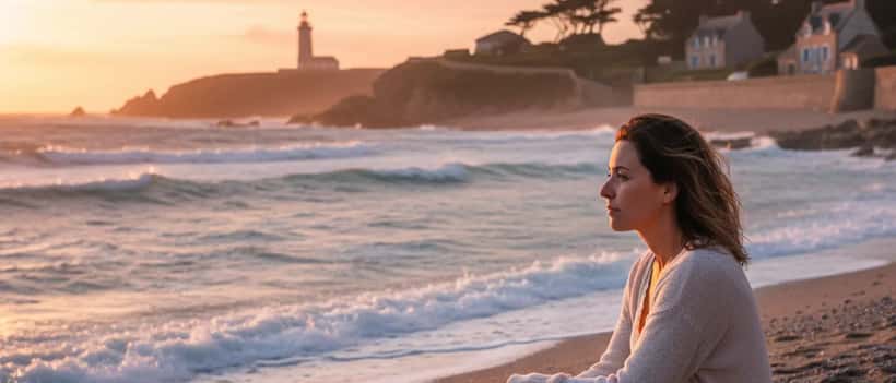 Femme épuisée mais pensive assise sur une plage rocheuse au coucher du soleil