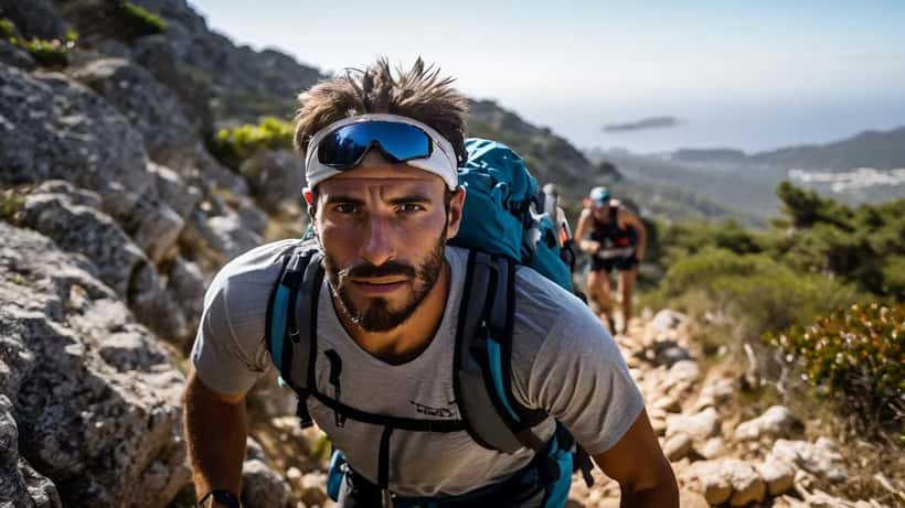 Corredor de trail em terreno rochoso montanhoso em Portugal durante ultramaratona