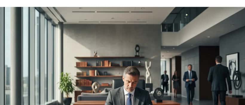 British solicitor reviewing legal documents in a professional office, focused on sanctions compliance