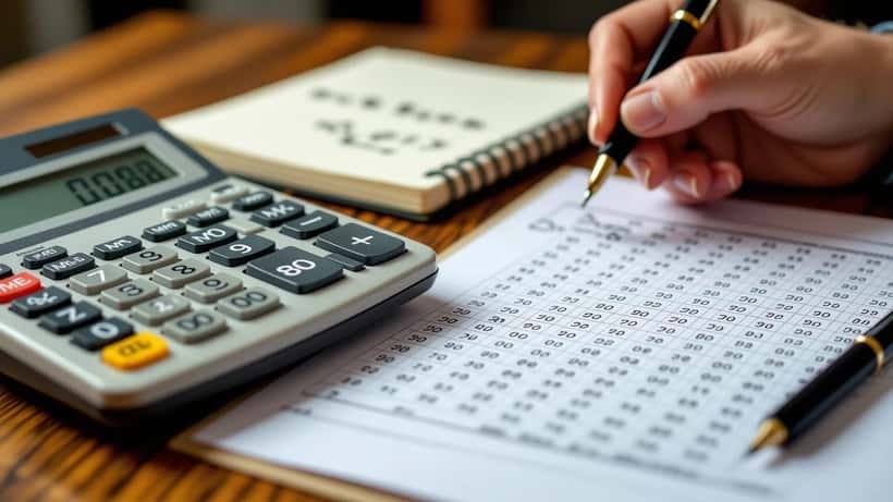 Volante da Quina ao lado de calculadora científica e fórmula de combinação C(80,5) escrita em caderno
