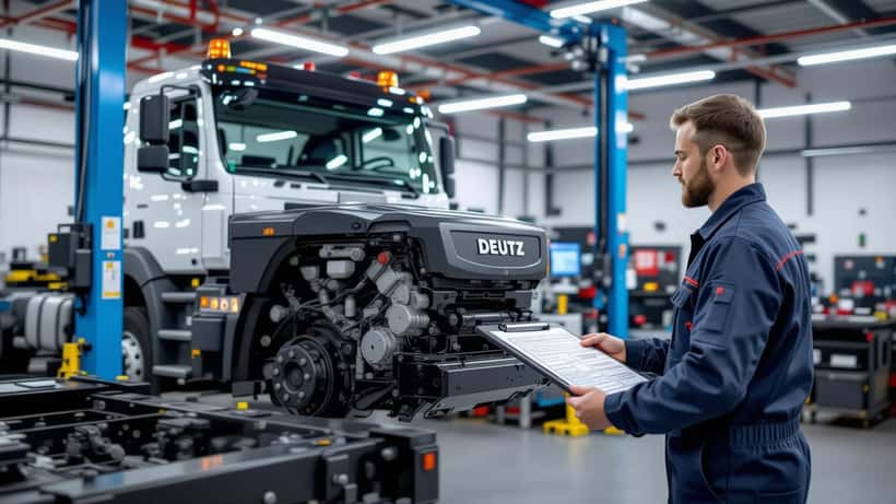 Mechaniker diagnostiziert modernen Deutz-Motor in FFG-Nutzfahrzeug-Werkstatt