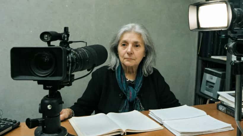 Femme journaliste française en studio de télévision tenant un microphone, expression déterminée