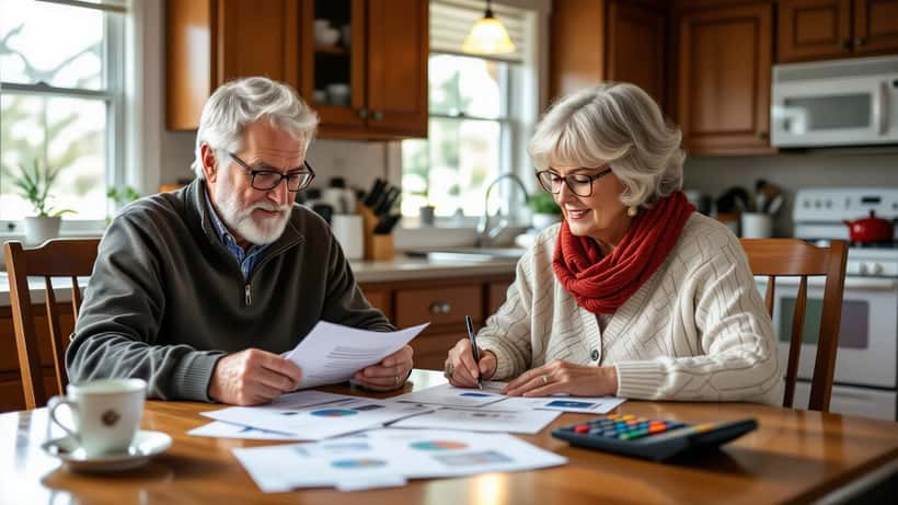 Older couple reviewing retirement statements at a kitchen table in Red Deer, Alberta