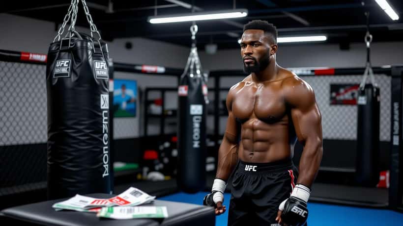 UFC heavyweight fighter in octagon corner with hand wraps, documentary press photo style, London MMA gym