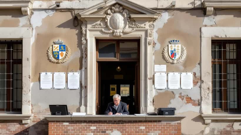 Palazzo municipale italiano con documenti legali, simbolo del sistema giudiziario
