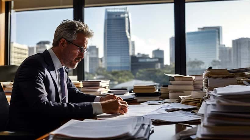 Australian lawyer reviewing international sanctions compliance documents in a Sydney law office