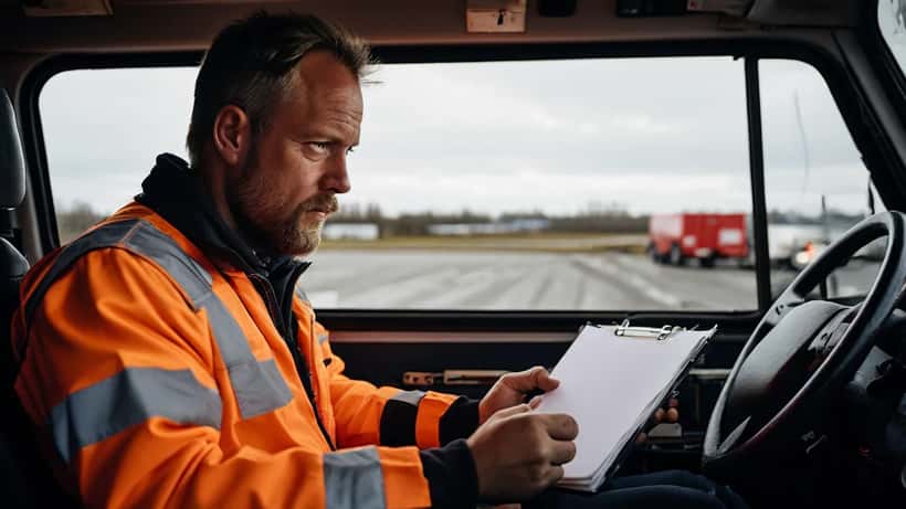 Chauffør i lastbilkabine gennemgår ansættelseskontrakt ved dansk logistikdepot