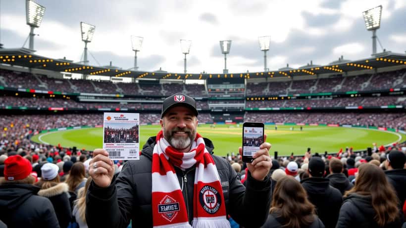 AFL fan outside the MCG holding finals tickets and a phone showing a resale listing