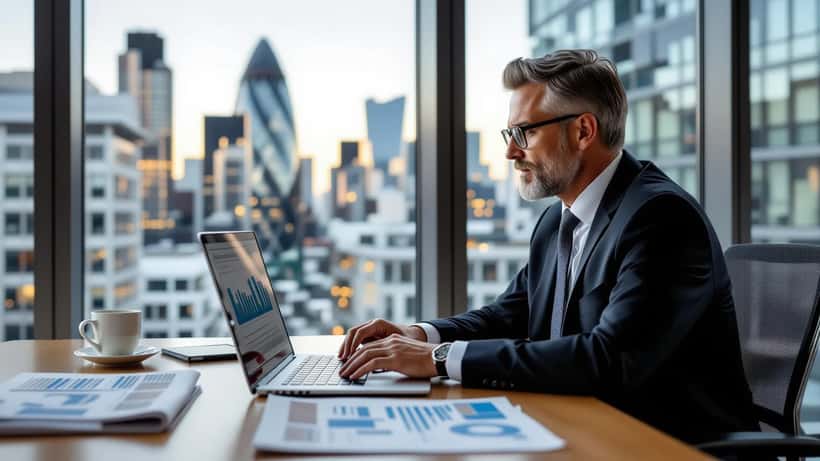 UK investor reviewing media acquisition financial documents in a City of London office