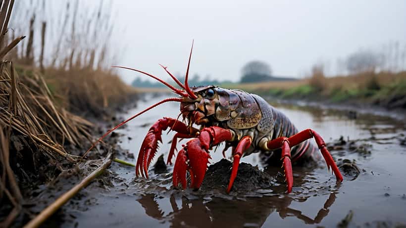 Invasieve rivierkreeft op beschadigde oever van een Nederlandse polderwatergang