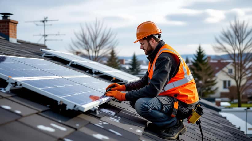 Technicien inspectant des panneaux solaires endommagés par la grêle sur un toit en Suisse
