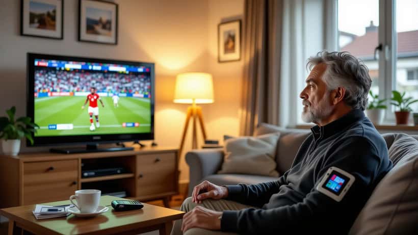 Surinaamse-Nederlandse man kijkt voetbal op TV terwijl bloeddrukmonitor verhoogde waarden toont in Rotterdam