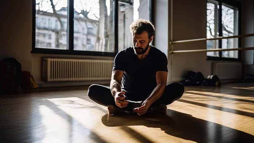 Danseur amateur assis dans un studio de danse parisien, bandage médical sur la cheville, style photojournalisme