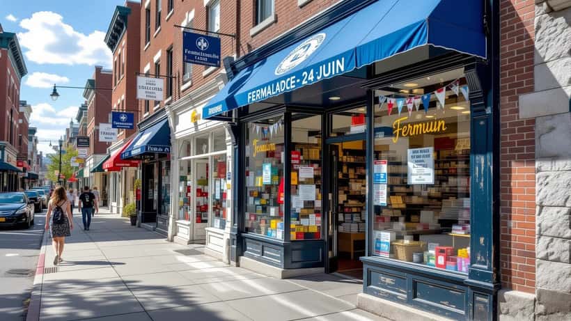 Closed Quebec storefront with Fête nationale banners and a handwritten closed-for-June-24 sign