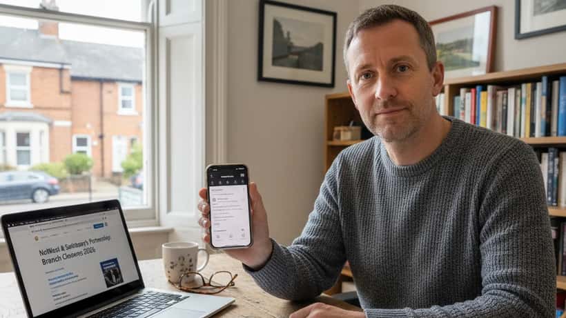 British man reviewing bank documents and smartphone at home desk after NatWest branch closures announcement