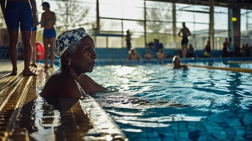 Rettungskräfte am Rande eines Hallenbades nach einem medizinischen Notfall – Herzstillstand beim Schwimmen