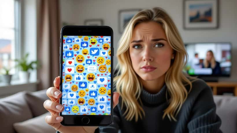 Bekymret kvinde ser på shitstorm-kommentarer på smartphone i mørk lejlighed