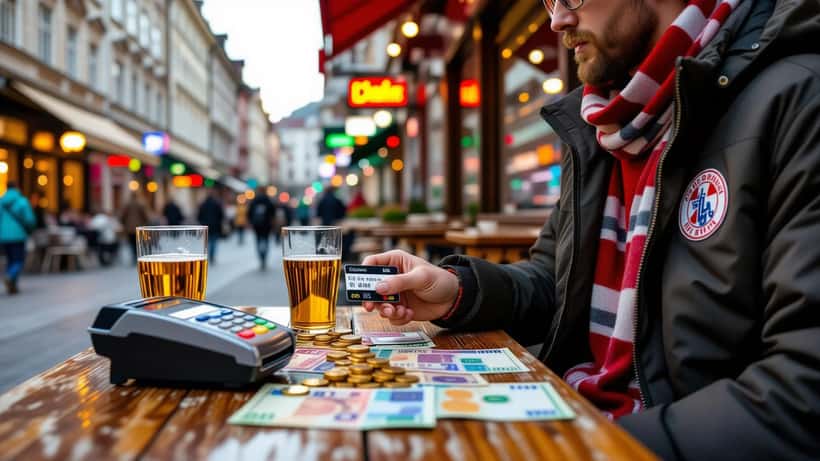 Bolton supporter paying by contactless card with euro cash on a Bratislava bar counter