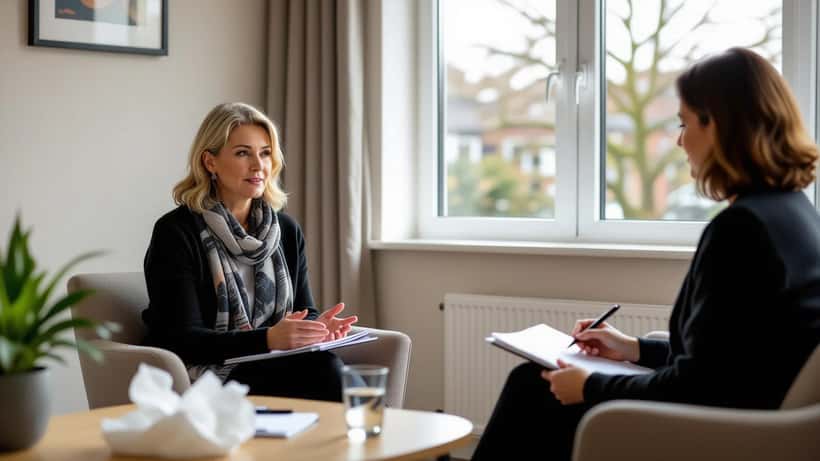 Woman in a UK therapy room talking with a mental-health professional taking notes
