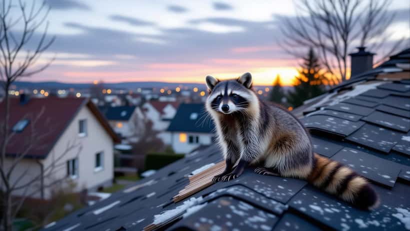 Wildlebender Waschbär auf einem deutschen Hausdach neben aufgerissener Dachdämmung