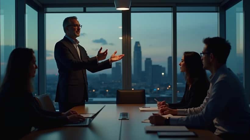 Entrepreneur québécois présentant son projet devant des investisseurs dans une salle de réunion moderne à Montréal