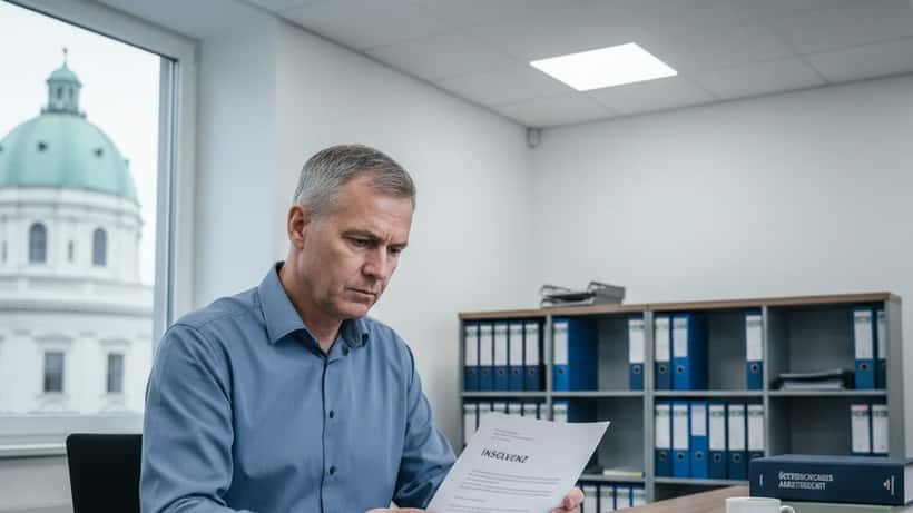 Österreichischer Arbeitnehmer prüft Insolvenzunterlagen am Schreibtisch in Wien