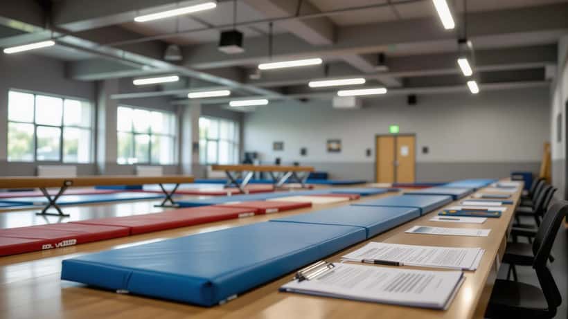 Lege turnhal met brug met ongelijke leggers en een arbeidscontract op een bank