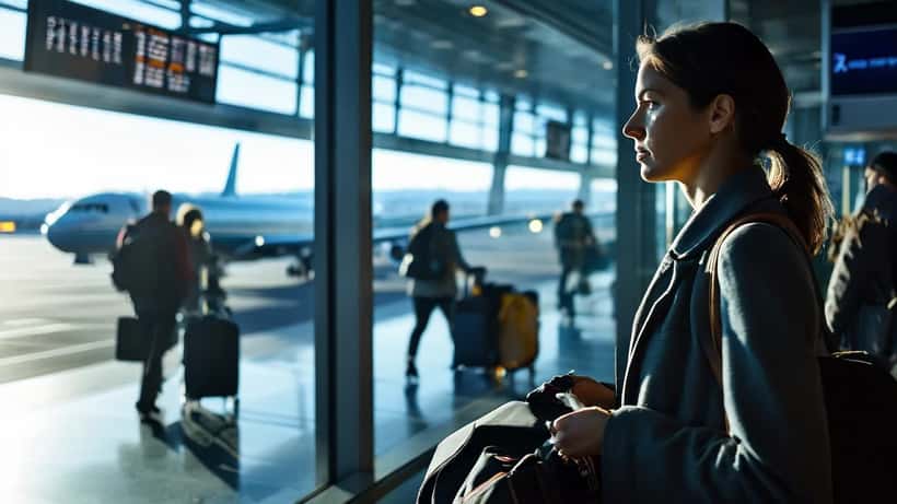 Une voyageuse d'affaires à l'aéroport Toronto Pearson tenant un bagage cabine avec un avion en arrière-plan