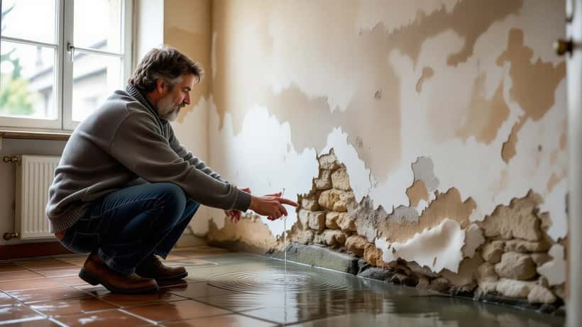 Propriétaire lorrain inspectant une tache d'humidité sur le mur de sa maison après les orages de fin août 2026 à Nancy