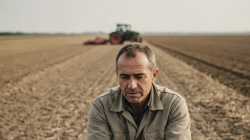 Agriculteur accroupi dans un champ sec et fissuré après la récolte, tenant une poignée de terre