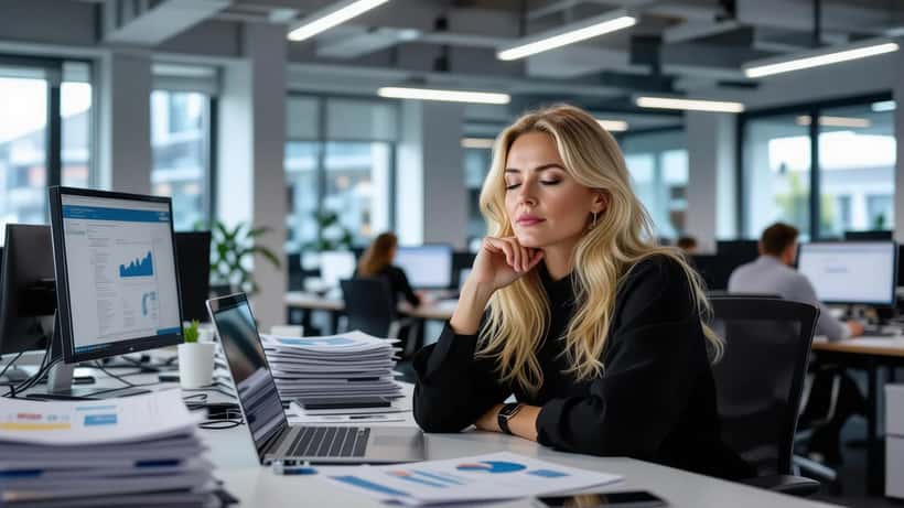 Stressad kvinna på kontor med laptop och pappersstaplar – utmattningssyndrom på jobbet 2026