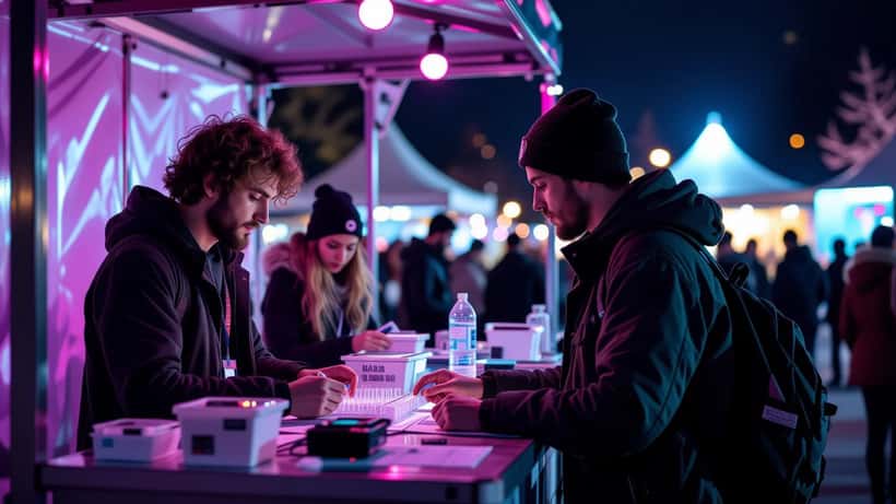 Bénévole de réduction des risques à un stand de drug checking lors d'une rave nocturne en Suisse
