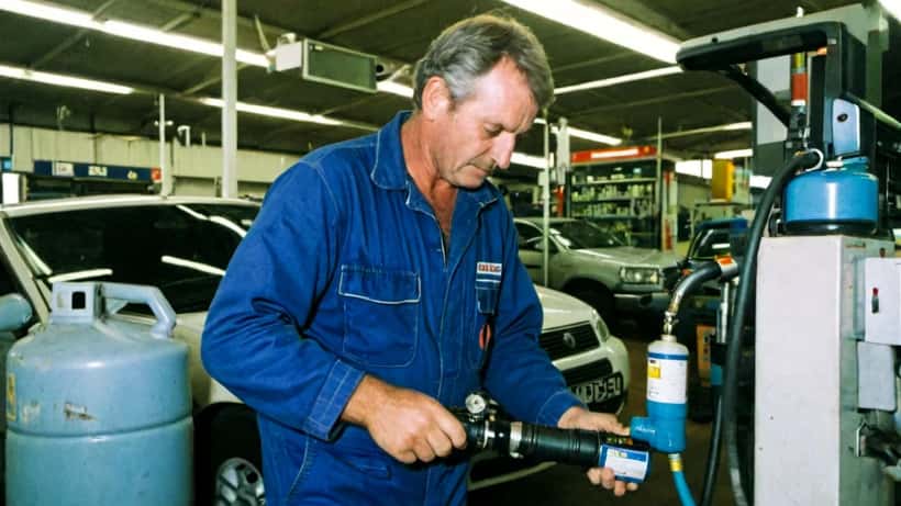 Australian mechanic inspecting diesel fuel filter at a service station workshop