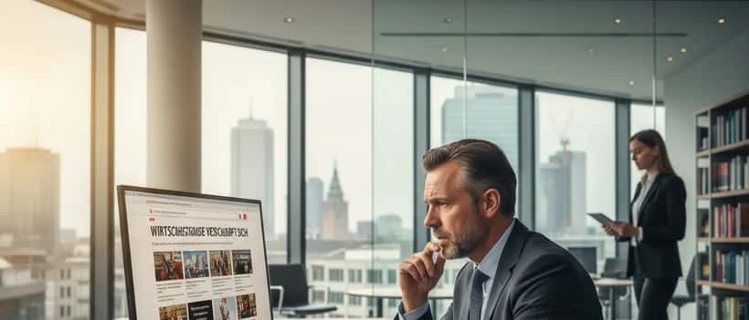 Deutscher Rechtsanwalt am Computer prüft Nachrichten auf Falschmeldungen