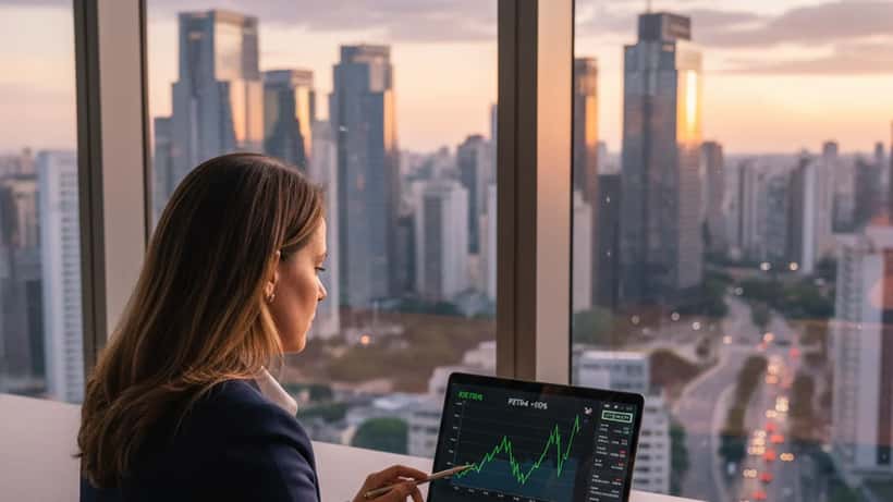 Consultora financeira analisando gráficos da Petrobras em escritório em São Paulo